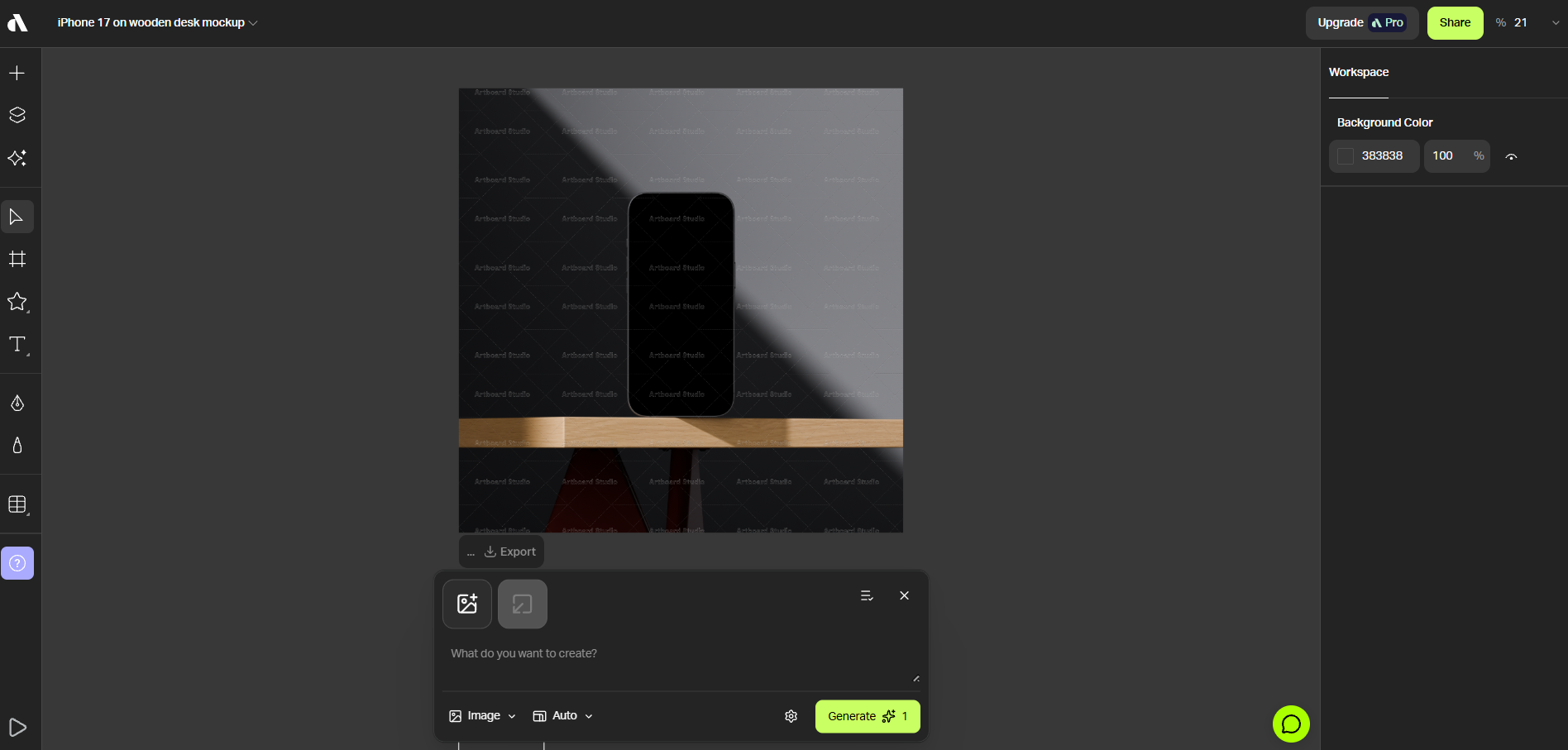 Artboard Studio editor showing an iPhone mockup with layout and background controls